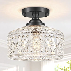 Daunton Small Semi Flush Mount Ceiling Light Fixture, Vintage Matte Black Close to Ceiling Lighting with Etched Glass Shade for Hallway, Kitchen, Entryway (Retro Design, Easy Install) Daunton Small Semi Flush Mount Ceiling Light Fixture, Vintage Matte Black Close to Ceiling Lighting with Etched Glass Shade for Hallway, Kitchen, Entryway (Retro Design, Easy Install)