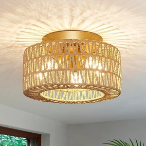 Rattan Light Fixtures Ceiling Mount, 3-Lights Boho Flush Mount Ceiling Light, Hand-Woven Cage Shade Lamp Lighting, Rustic Rattan Chandelier for Hallway Bedroom Kitchen Farmhouse Foyer Entryway (Gold) Rattan Light Fixtures Ceiling Mount, 3-Lights Boho Flush Mount Ceiling Light, Hand-Woven Cage Shade Lamp Lighting, Rustic Rattan Chandelier for Hallway Bedroom Kitchen Farmhouse Foyer Entryway (Gold)