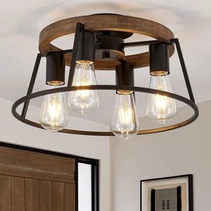 Farmhouse Wood Semi Flush Mount Ceiling Light Fixture, 4-Light Black Rustic Ceiling Lamp Round Hallway Light Fixture for Entryway Bedroom Kitchen Farmhouse Wood Semi Flush Mount Ceiling Light Fixture, 4-Light Black Rustic Ceiling Lamp Round Hallway Light Fixture for Entryway Bedroom Kitchen