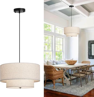 18" Modern Double Drum Fabric Pendant Light, Large Hanging Ceiling Chandelier Fixture with Dual Layer Fabric Shade, Ideal for Dining Room, Living Room, Bedroom, and Kitchen 18" Modern Double Drum Fabric Pendant Light, Large Hanging Ceiling Chandelier Fixture with Dual Layer Fabric Shade, Ideal for Dining Room, Living Room, Bedroom, and Kitchen