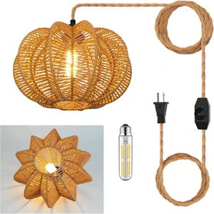 Plug in Pendant Light Rattan Hanging Lights with Plug in Cord 15FT Hemp Rope Cord, Dimmable Switch Indoor Hanging Lamps for Boho Living Room BedroomBulb Included 11 x 7 inch Plug in Pendant Light Rattan Hanging Lights with Plug in Cord 15FT Hemp Rope Cord, Dimmable Switch Indoor Hanging Lamps for Boho Living Room BedroomBulb Included 11 x 7 inch