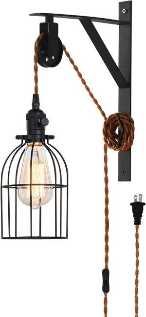 Plug in Pendant Light, Farmhouse Pulley Wall Lamp with 7-Foot Brown Plug in Cord & Switch, Industrial Hanging Lamps that Plug into Wall Outlet Plug in Pendant Light, Farmhouse Pulley Wall Lamp with 7-Foot Brown Plug in Cord & Switch, Industrial Hanging Lamps that Plug into Wall Outlet