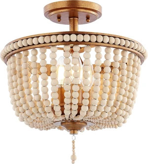 JONATHAN Y Allie 14" Beaded Semi Flush Mount, Antique Gold/Light Taupe JONATHAN Y Allie 14" Beaded Semi Flush Mount, Antique Gold/Light Taupe