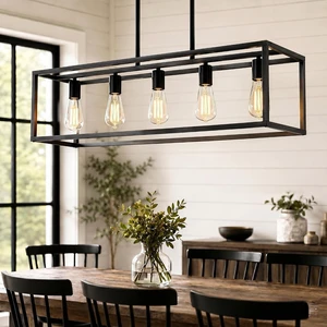Black Farmhouse Kitchen Island Lighting, Modern Industrial Chandelier, 5-Light Linear Rectangular Pendant Light Fixtures for Farmhouse Kitchen Dining Room Bar Foyer(Metal, Height Adjustable) Black Farmhouse Kitchen Island Lighting, Modern Industrial Chandelier, 5-Light Linear Rectangular Pendant Light Fixtures for Farmhouse Kitchen Dining Room Bar Foyer(Metal, Height Adjustable)
