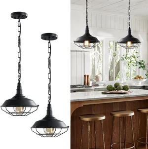 Black Farmhouse Pendant Light - 2 Pack Industrial Vintage Hanging Light Fixtures Metal Wire Cage Pendant Lighting with Adjustable Chain for Kitchen Barn Hallway Porch Dining Room Black Farmhouse Pendant Light - 2 Pack Industrial Vintage Hanging Light Fixtures Metal Wire Cage Pendant Lighting with Adjustable Chain for Kitchen Barn Hallway Porch Dining Room