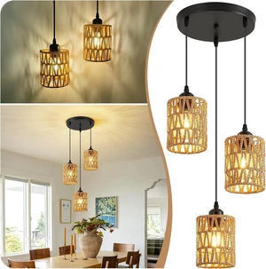 SKEJAO 3-Light Rattan Pendant Lighting,3 Pendant Light Fixture for Kitchen Island,Dining Lamp Ceiling Hanging,with Adjustable Cord and Rattan Shade for Farmhouse Living Dining Room Bar,Black SKEJAO 3-Light Rattan Pendant Lighting,3 Pendant Light Fixture for Kitchen Island,Dining Lamp Ceiling Hanging,with Adjustable Cord and Rattan Shade for Farmhouse Living Dining Room Bar,Black