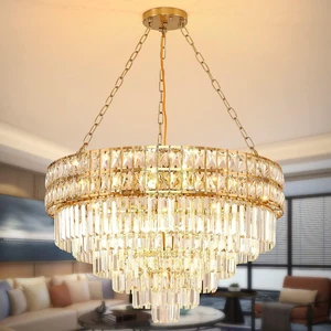 Modern Crystal Chandelier Gold Finish Light Fixture, Round Crystal Pendant Light Hanging Lamp, for Living Room, Dining Room, Restaurant, E12 x 15, Ø29.5 inch Modern Crystal Chandelier Gold Finish Light Fixture, Round Crystal Pendant Light Hanging Lamp, for Living Room, Dining Room, Restaurant, E12 x 15, Ø29.5 inch