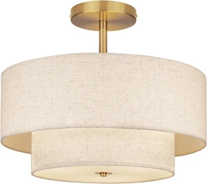 18 Inch Large Semi Flush Mount Ceiling Light Fixture with Dual Drum Design, Gold Farmhouse Fabric Linen Shade for Bedroom, Living Room, Kitchen, and Dining - Modern Chandelier Lamp 18 Inch Large Semi Flush Mount Ceiling Light Fixture with Dual Drum Design, Gold Farmhouse Fabric Linen Shade for Bedroom, Living Room, Kitchen, and Dining - Modern Chandelier Lamp