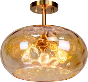 Brass Gold Semi Flush Mount Ceiling Fixture Large Hammered Glass Shade Modern Close to Ceiling Light 14" Art Lampshade for Hallway Foyer Bedroom (Amber Glass Shade, 14 Inches) Brass Gold Semi Flush Mount Ceiling Fixture Large Hammered Glass Shade Modern Close to Ceiling Light 14" Art Lampshade for Hallway Foyer Bedroom (Amber Glass Shade, 14 Inches)