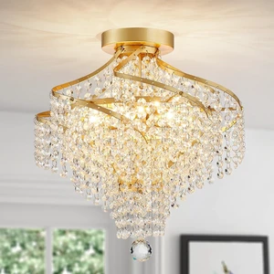 WUZUPS Crystal Chandelier Semi Flushmount Ceiling Light Modern Lighting Fixture for Bedroom Hallway Bar Kitchen Bathroom, H 14.7" x W 14.7", Gold, G9 Base WUZUPS Crystal Chandelier Semi Flushmount Ceiling Light Modern Lighting Fixture for Bedroom Hallway Bar Kitchen Bathroom, H 14.7" x W 14.7", Gold, G9 Base