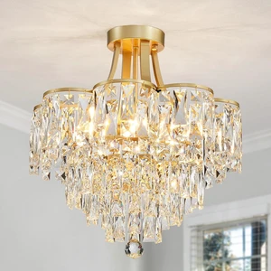 WUZUPS Crystal Chandelier Semi-Flushmount Ceiling Light Modern Lighting Fixture for Bedroom Hallway Entry Kitchen Bathroom, H 19.3" x W 18.3", E12 Base, Gold WUZUPS Crystal Chandelier Semi-Flushmount Ceiling Light Modern Lighting Fixture for Bedroom Hallway Entry Kitchen Bathroom, H 19.3" x W 18.3", E12 Base, Gold