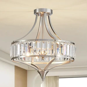 Brushed Nickel 4-Light Crystal Semi Flush Mount Ceiling Light Fixture Rustic Farmhouse Ceiling Lighting with Round Metal Shade Chandelier for Dining Room, Hallway, Bedroom, Foyer Brushed Nickel 4-Light Crystal Semi Flush Mount Ceiling Light Fixture Rustic Farmhouse Ceiling Lighting with Round Metal Shade Chandelier for Dining Room, Hallway, Bedroom, Foyer