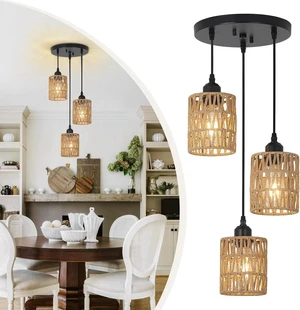 LAMSU 3 Lights Rattan Pendant Light, Farmhouse Dining Room Light Fixtures Ceiling Hanging, Boho Pendant Lighting with Hand Woven Wicker Shades for Kitchen Island Living Room Bedroom Foyer Hallway LAMSU 3 Lights Rattan Pendant Light, Farmhouse Dining Room Light Fixtures Ceiling Hanging, Boho Pendant Lighting with Hand Woven Wicker Shades for Kitchen Island Living Room Bedroom Foyer Hallway