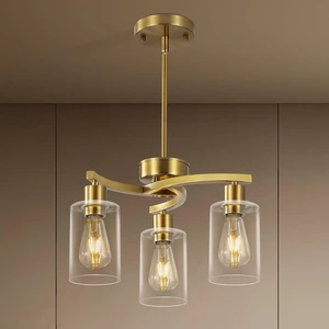 3 Light Brushed Gold Chandelier for Dining Room, Modern Kitchen Island Light Fixtures Over Table, Metal Hanging Pendant Lighting with Clear Glass Shade, Farmhouse Industrial Gold Finish 3 Light Brushed Gold Chandelier for Dining Room, Modern Kitchen Island Light Fixtures Over Table, Metal Hanging Pendant Lighting with Clear Glass Shade, Farmhouse Industrial Gold Finish