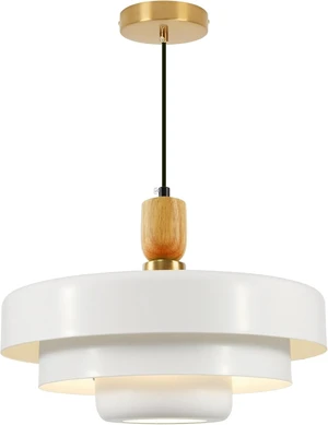 3-Layer White Metal Shade Pendant Light, Mid Century Adjustable Hanging Light with Wood Gold Canopy, E26 Ceiling Pendant Lamp for Kitchen Table Over Sink Bedroom 3-Layer White Metal Shade Pendant Light, Mid Century Adjustable Hanging Light with Wood Gold Canopy, E26 Ceiling Pendant Lamp for Kitchen Table Over Sink Bedroom