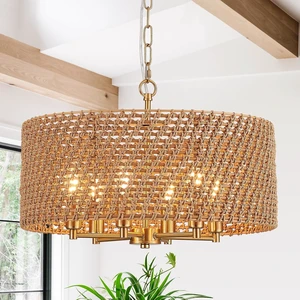 20" Boho Rattan Chandelier, 6-Light Gold Wicker Light Fixture 20" Boho Rattan Chandelier, 6-Light Gold Wicker Light Fixture