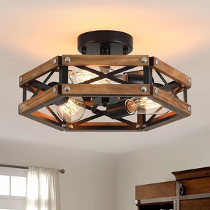 3-Light Rustic Farmhouse Wood Flush Mount Ceiling Light Fixture Oak Wood and Metal Cage Semi Flush Mount Ceiling Light for Hallway Hall Entry Bedroom Kitchen Farmhouse, Black 3-Light Rustic Farmhouse Wood Flush Mount Ceiling Light Fixture Oak Wood and Metal Cage Semi Flush Mount Ceiling Light for Hallway Hall Entry Bedroom Kitchen Farmhouse, Black