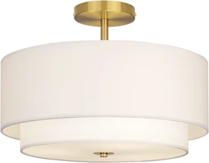 CALOKES 16" Dual Drum Gold 3-Light Semi Flush Mount Ceiling Light, Classic White Fabric Linen Shade Design for Living Room, Bedroom, Kitchen, Dining Room, Hallway and Entryway CALOKES 16" Dual Drum Gold 3-Light Semi Flush Mount Ceiling Light, Classic White Fabric Linen Shade Design for Living Room, Bedroom, Kitchen, Dining Room, Hallway and Entryway