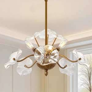 Modern Gold Chandelier, Vintage Brass Flower Glass Pendant Light Fixture Modern Gold Chandelier, Vintage Brass Flower Glass Pendant Light Fixture