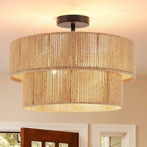 Boho Semi Flush Mount Ceiling Light Rattan Ceiling Light 18" Farmhouse Ceiling Lamp with Natural Hemp Rope Lampshade for Dining Room Living Room Bedroom Kitchen Boho Semi Flush Mount Ceiling Light Rattan Ceiling Light 18" Farmhouse Ceiling Lamp with Natural Hemp Rope Lampshade for Dining Room Living Room Bedroom Kitchen