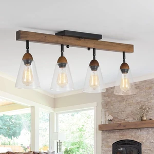4-Light Large Rustic Farmhouse Wood Flush Mount Ceiling Light Fixture Clear Seeded Glass Shade and Oak Wood Track Semi Flush Mount Ceiling Light for Kitchen Living Room Bedroom Indoor, Black 4-Light Large Rustic Farmhouse Wood Flush Mount Ceiling Light Fixture Clear Seeded Glass Shade and Oak Wood Track Semi Flush Mount Ceiling Light for Kitchen Living Room Bedroom Indoor, Black