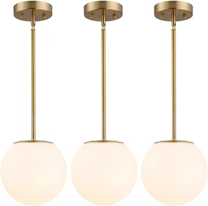 Gold Globe Pendant Light, Opal Glass, Mid Century, Kitchen Island, 3 Pack Gold Globe Pendant Light, Opal Glass, Mid Century, Kitchen Island, 3 Pack