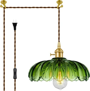Plug-in Pendant Light Fixture, Hanging Light Fixture, Glass Pendant Light, Swag Lamp with Inline On/Off Switch for Kitchen Island, Bedroom, Dining Room, Living Room (Green, 15 Ft Cord) Plug-in Pendant Light Fixture, Hanging Light Fixture, Glass Pendant Light, Swag Lamp with Inline On/Off Switch for Kitchen Island, Bedroom, Dining Room, Living Room (Green, 15 Ft Cord)