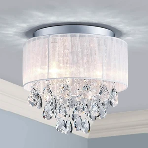 Shrine Lighting Crystal Chandeliers, Modern Design, Ceiling Light Fixture for Living Space, D13'' x H14'', E12*3 Sockets, White Fabric Lampshade&Chrome Finish Frame Shrine Lighting Crystal Chandeliers, Modern Design, Ceiling Light Fixture for Living Space, D13'' x H14'', E12*3 Sockets, White Fabric Lampshade&Chrome Finish Frame