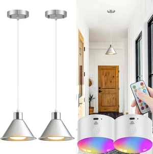Battery Operated Pendant Light Set of 2, RGB Color Changing Rechargeable Hanging Light with Remote Up to 50 Hours Use, Vintage Pendant Light No Wiring for Bedroom Living Room(Nickel) Battery Operated Pendant Light Set of 2, RGB Color Changing Rechargeable Hanging Light with Remote Up to 50 Hours Use, Vintage Pendant Light No Wiring for Bedroom Living Room(Nickel)