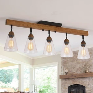 5-Light Large Rustic Farmhouse Wood Flush Mount Ceiling Light Fixture Clear Seeded Glass Shade and Oak Wood Track Semi Flush Mount Ceiling Light for Kitchen Living Room Bedroom Indoor, Black 5-Light Large Rustic Farmhouse Wood Flush Mount Ceiling Light Fixture Clear Seeded Glass Shade and Oak Wood Track Semi Flush Mount Ceiling Light for Kitchen Living Room Bedroom Indoor, Black