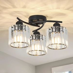 Crystal Semi Flush Mount Ceiling Light,3-Light Black Close to Ceiling Light Fixtures,Kitchen Light Fixture with Clear Crystal Shades,Hallway Light Fixtures for Kitchen Entryway Bedroom Bathroom Crystal Semi Flush Mount Ceiling Light,3-Light Black Close to Ceiling Light Fixtures,Kitchen Light Fixture with Clear Crystal Shades,Hallway Light Fixtures for Kitchen Entryway Bedroom Bathroom