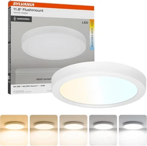 Sylvania 12" LED Flush Mount Ceiling Light Fixture, 24W, 5 Color Select (2700K - 5000K), 1600 LMS, Hardwired, White, LED Lights for Bedroom Kitchen Hallway Porch - 1 Pack (66462) Sylvania 12" LED Flush Mount Ceiling Light Fixture, 24W, 5 Color Select (2700K - 5000K), 1600 LMS, Hardwired, White, LED Lights for Bedroom Kitchen Hallway Porch - 1 Pack (66462)