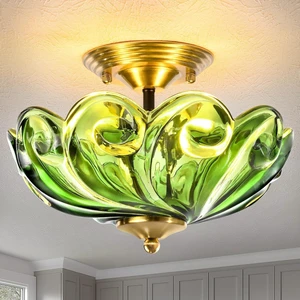 Modern Semi Flush Mount Ceiling Light, 3-Light Gold Close to Ceiling Light Fixture with Green Glass Shade for Living Room Entryway Bedroom Modern Semi Flush Mount Ceiling Light, 3-Light Gold Close to Ceiling Light Fixture with Green Glass Shade for Living Room Entryway Bedroom