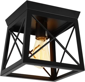 1 Light Black Industrial Flush Mount Ceiling Light Fixture - Square Farmhouse Caged Ceiling Light for Closet Kitchen Hallway Porch, E26, Dimmable 1 Light Black Industrial Flush Mount Ceiling Light Fixture - Square Farmhouse Caged Ceiling Light for Closet Kitchen Hallway Porch, E26, Dimmable