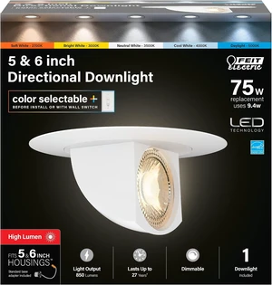 Feit Electric 5/6 Inch LED Directional Downlight, 75W Eq, 5CCT Selectable Feit Electric 5/6 Inch LED Directional Downlight, 75W Eq, 5CCT Selectable