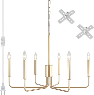 6 Lights Plug in ChandelierGold Pendant Light Hanging Light Fixture 29" 6 Lights Plug in ChandelierGold Pendant Light Hanging Light Fixture 29"