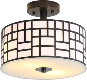 Semi Flush Mount Ceiling Light Black Rectangle Pattern LED Light Fixture with Drum Shade Indoor Use Living Dining Room Kitchen Modern Chandelier Lamps Brushed Chrome Finish E26 Bulb Base Semi Flush Mount Ceiling Light Black Rectangle Pattern LED Light Fixture with Drum Shade Indoor Use Living Dining Room Kitchen Modern Chandelier Lamps Brushed Chrome Finish E26 Bulb Base