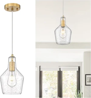 Emliviar 11 Inch Farmhouse Pendant Light Fixture, 1-Light Hanging Kitchen Lighting with Seeded Glass, Brushed Gold Finish, DYE286G2-MIL BG Emliviar 11 Inch Farmhouse Pendant Light Fixture, 1-Light Hanging Kitchen Lighting with Seeded Glass, Brushed Gold Finish, DYE286G2-MIL BG
