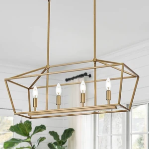 4-Lights Golden Pendant Light Fixtures, Modern Lantern Linear Chandelier with Adjustable Height, Dining Room Ceiling Lighting Hanging for Over Table 4-Lights Golden Pendant Light Fixtures, Modern Lantern Linear Chandelier with Adjustable Height, Dining Room Ceiling Lighting Hanging for Over Table
