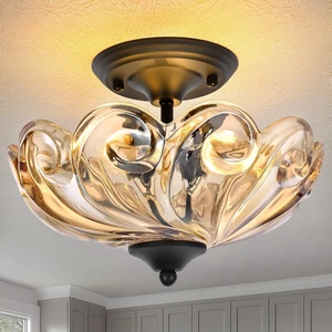 Modern Semi Flush Mount Ceiling Light, 3-Light Black Close to Ceiling Light Fixture with Amber Glass Shade for Bedroom Living Room Entryway Modern Semi Flush Mount Ceiling Light, 3-Light Black Close to Ceiling Light Fixture with Amber Glass Shade for Bedroom Living Room Entryway