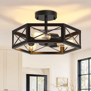 3-Light Semi Flush Mount Ceiling Light, Kitchen Lighting Fixtures Ceiling, Black Dining Room Light Fixtures, Farmhouse Close to Ceiling Lights with Hexagon Cage for Bedroom Hallway Foyer 3-Light Semi Flush Mount Ceiling Light, Kitchen Lighting Fixtures Ceiling, Black Dining Room Light Fixtures, Farmhouse Close to Ceiling Lights with Hexagon Cage for Bedroom Hallway Foyer