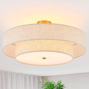 25.6" Large Gold Semi Flush Mount Ceiling Light5-Light Linen Shade 25.6" Large Gold Semi Flush Mount Ceiling Light5-Light Linen Shade
