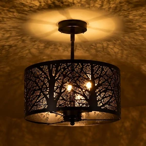 Rustic Semi Flush Mount Ceiling Light, Black Matte Metal Forest Branch Cutout Farmhouse Light Fixtures, 3-Light Industrial Drum Ceiling Light Fixture for Dining Room Kitchen Living Room Rustic Semi Flush Mount Ceiling Light, Black Matte Metal Forest Branch Cutout Farmhouse Light Fixtures, 3-Light Industrial Drum Ceiling Light Fixture for Dining Room Kitchen Living Room