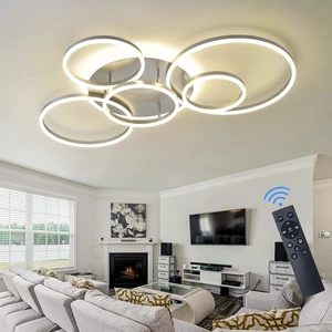 Modern LED Ceiling Light Silver Dimmable 5 Rings Flush Mount Ceiling Light Fixtures with Remote Control 106W 10000LM Ceiling Lighting for Living Room Bedroom Kitchen Dining Room 3000-6000K