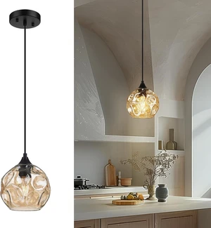 Emliviar 7 Inch Adjustable Mini Chandelier, Round Ceiling Pendant Lighting Fixture with Hammered Glass, Amber Finish, DYE287G2-MIL BK Emliviar 7 Inch Adjustable Mini Chandelier, Round Ceiling Pendant Lighting Fixture with Hammered Glass, Amber Finish, DYE287G2-MIL BK
