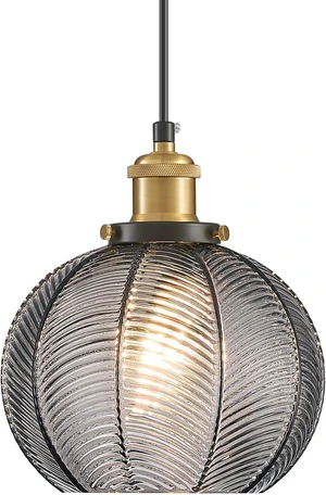 Dia 7.8" Vintage Smoke Gray Ribbed Glass Pendant Light Fixture, E26 Dia 7.8" Vintage Smoke Gray Ribbed Glass Pendant Light Fixture, E26