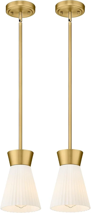 HWH Gold Pendant Light Fixture, Milk White Striped Glass, 5HZG107MIL-2PK BG HWH Gold Pendant Light Fixture, Milk White Striped Glass, 5HZG107MIL-2PK BG
