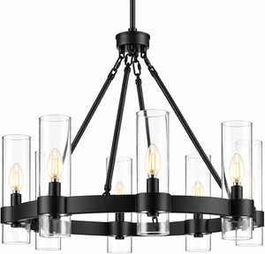 Linea di Liara Teramo 26-Inch Wagon Wheel Chandelier, Black, Clear Glass Linea di Liara Teramo 26-Inch Wagon Wheel Chandelier, Black, Clear Glass