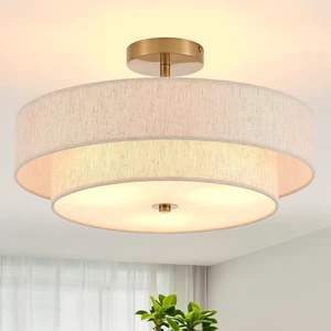 18" Gold Semi Flush Mount Ceiling Light, 3-Light Double Drum 18" Gold Semi Flush Mount Ceiling Light, 3-Light Double Drum