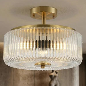 3-Light Gold Semi Flush Mount Ceiling Light, 11.8" Modern Hallway Light Fixtures Ceiling Mount with Ribbed Clear Glass Shade, Bright Close to Ceiling Lamp for Bedroom/Kitchen/Entryway/Dining Room 3-Light Gold Semi Flush Mount Ceiling Light, 11.8" Modern Hallway Light Fixtures Ceiling Mount with Ribbed Clear Glass Shade, Bright Close to Ceiling Lamp for Bedroom/Kitchen/Entryway/Dining Room